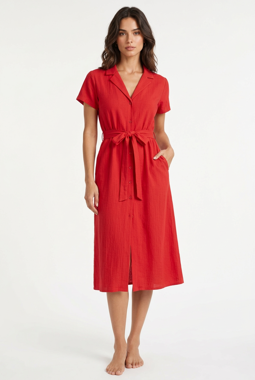 Red belted midi dress, front view