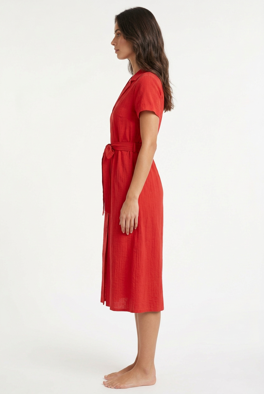 Red belted midi dress, left view