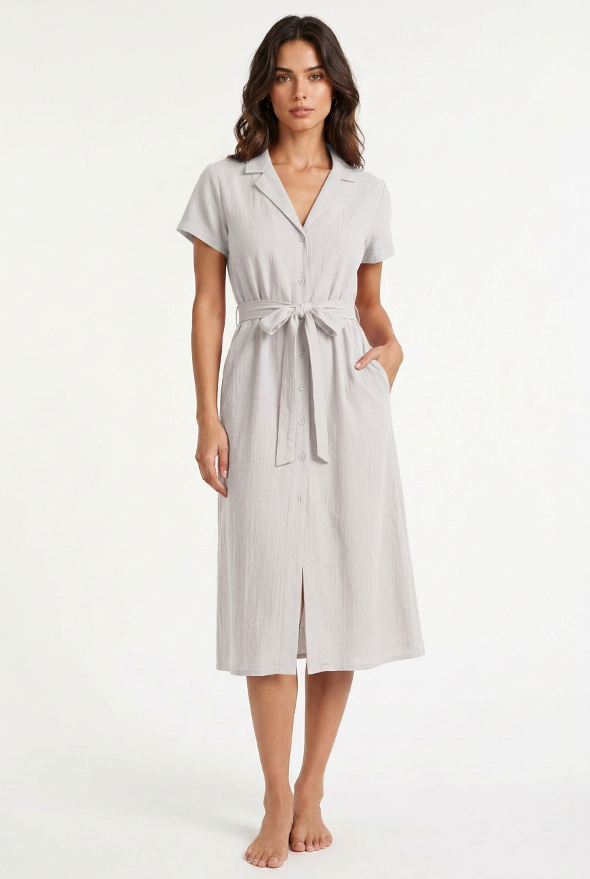White-grey belted midi dress, front view
