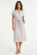 White-grey belted midi dress, front view