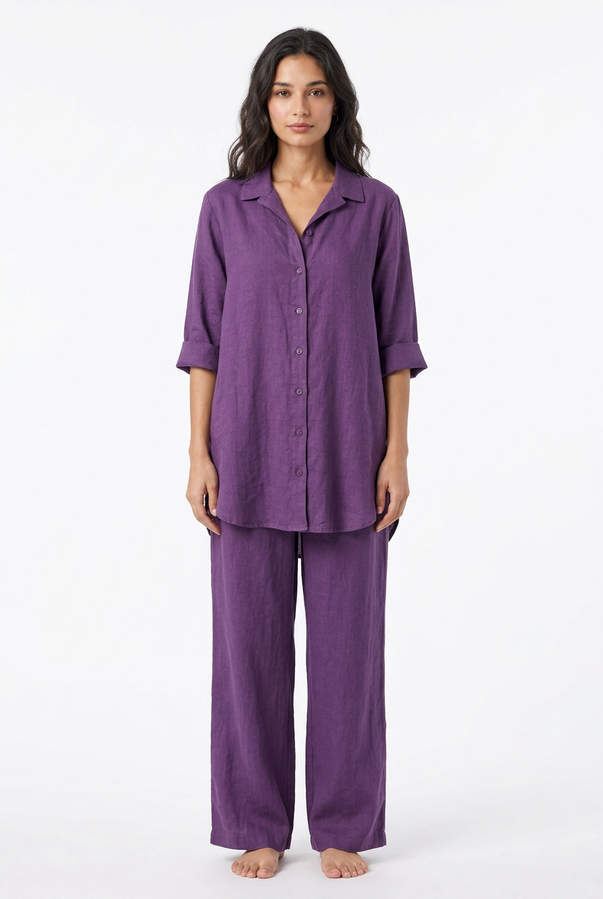 Purple shirt and trouser set, front view