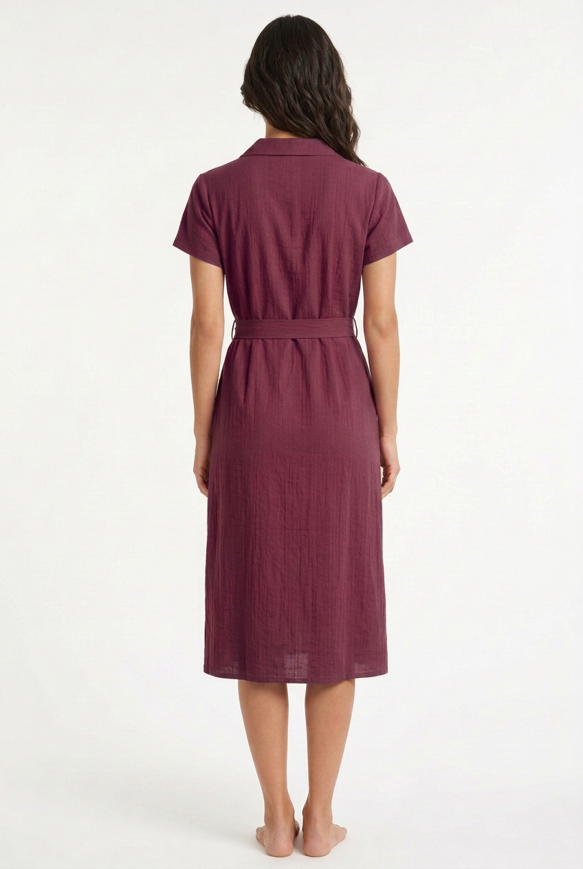 Purple belted midi dress, back view