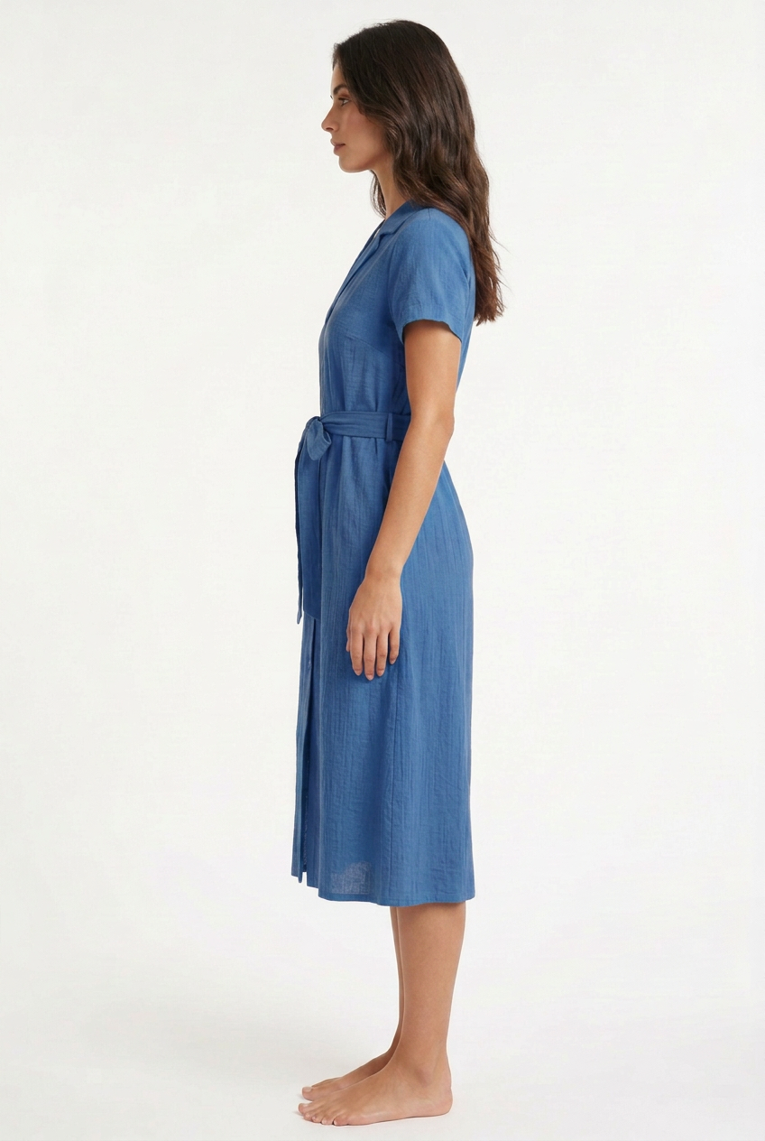Blue belted midi dress, left view