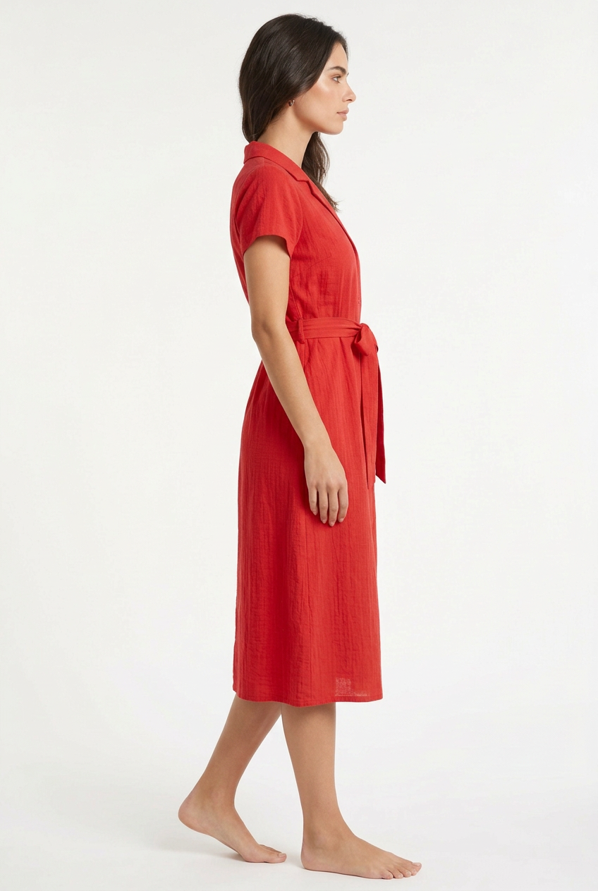 Red belted midi dress, right view