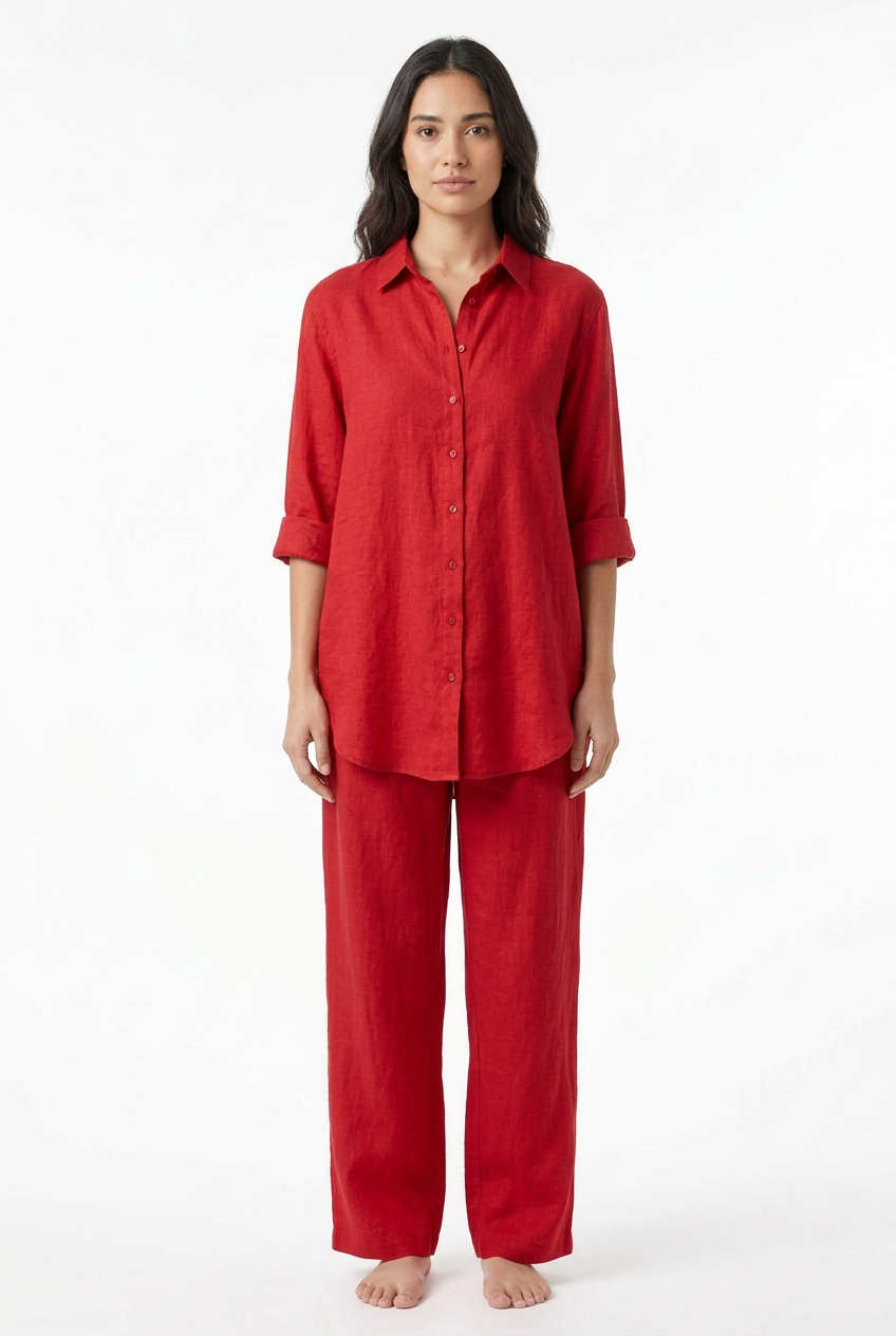 Red shirt and trouser set, front view