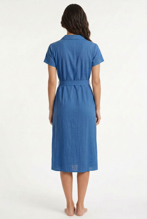 Blue belted midi dress, back view