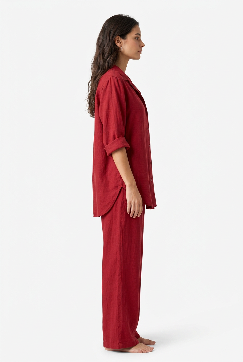 Red shirt and trouser set, right view