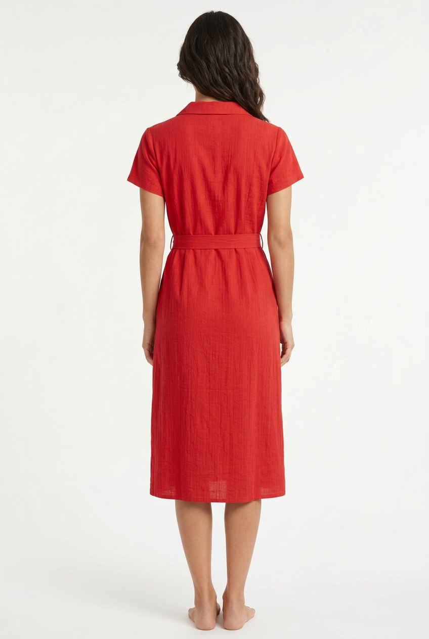Red belted midi dress, back view