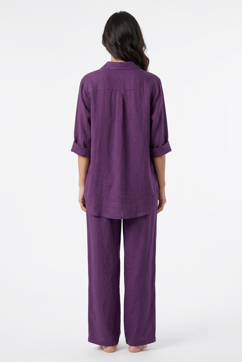 Purple shirt and trouser set, back view