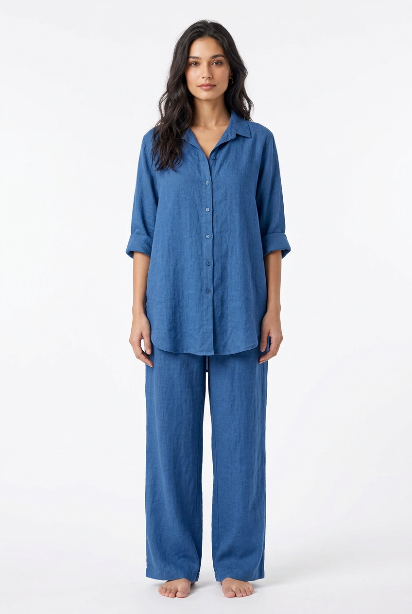Blue shirt and trouser set, front view