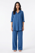 Blue shirt and trouser set, front view