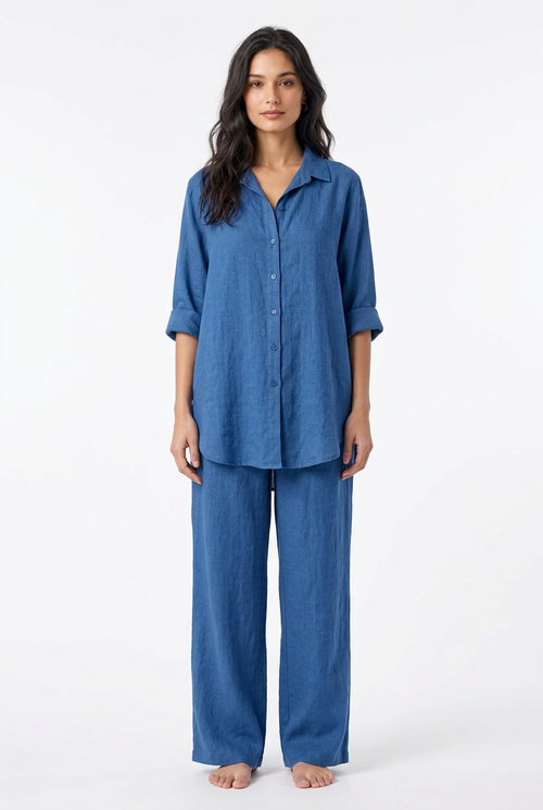 Blue shirt and trouser set, front view