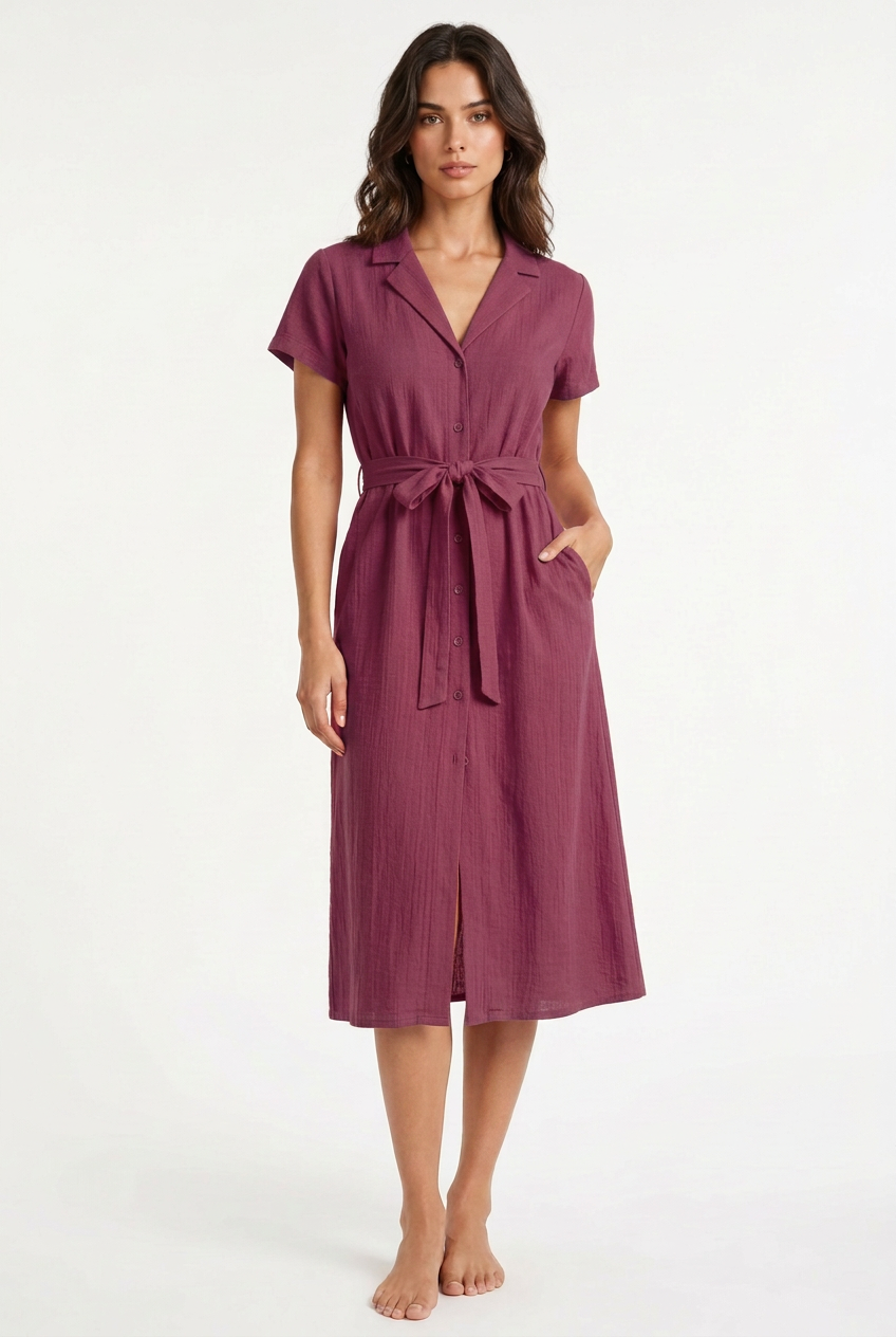 Purple belted midi dress, front view