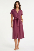 Purple belted midi dress, front view