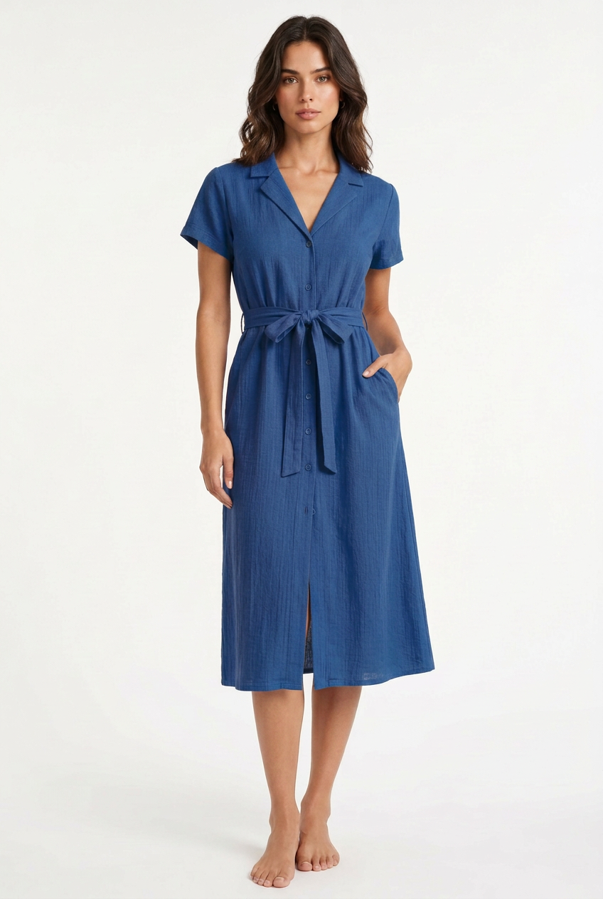 Blue belted midi dress, front view