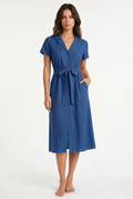 Blue belted midi dress, front view