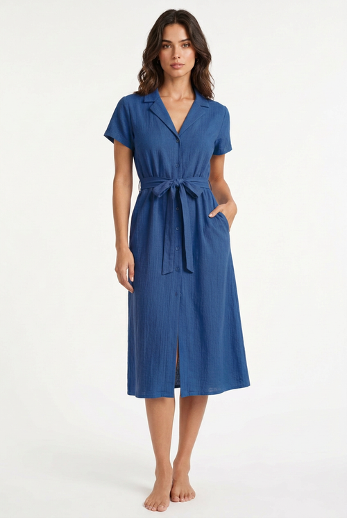 Blue belted midi dress, front view