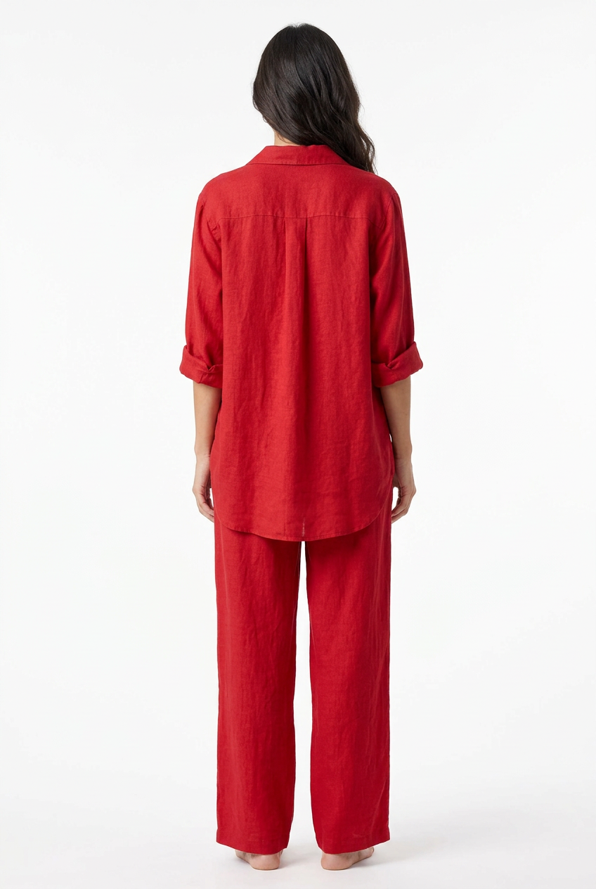 Red shirt and trouser set, back view