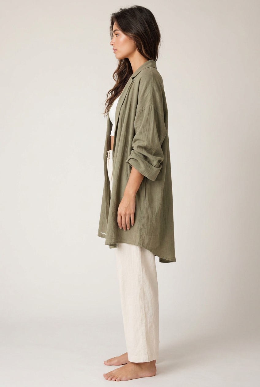 Olive longline shirt left side view
