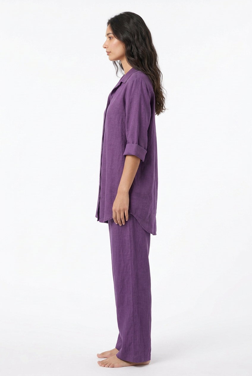 Purple shirt and trouser set, left profile