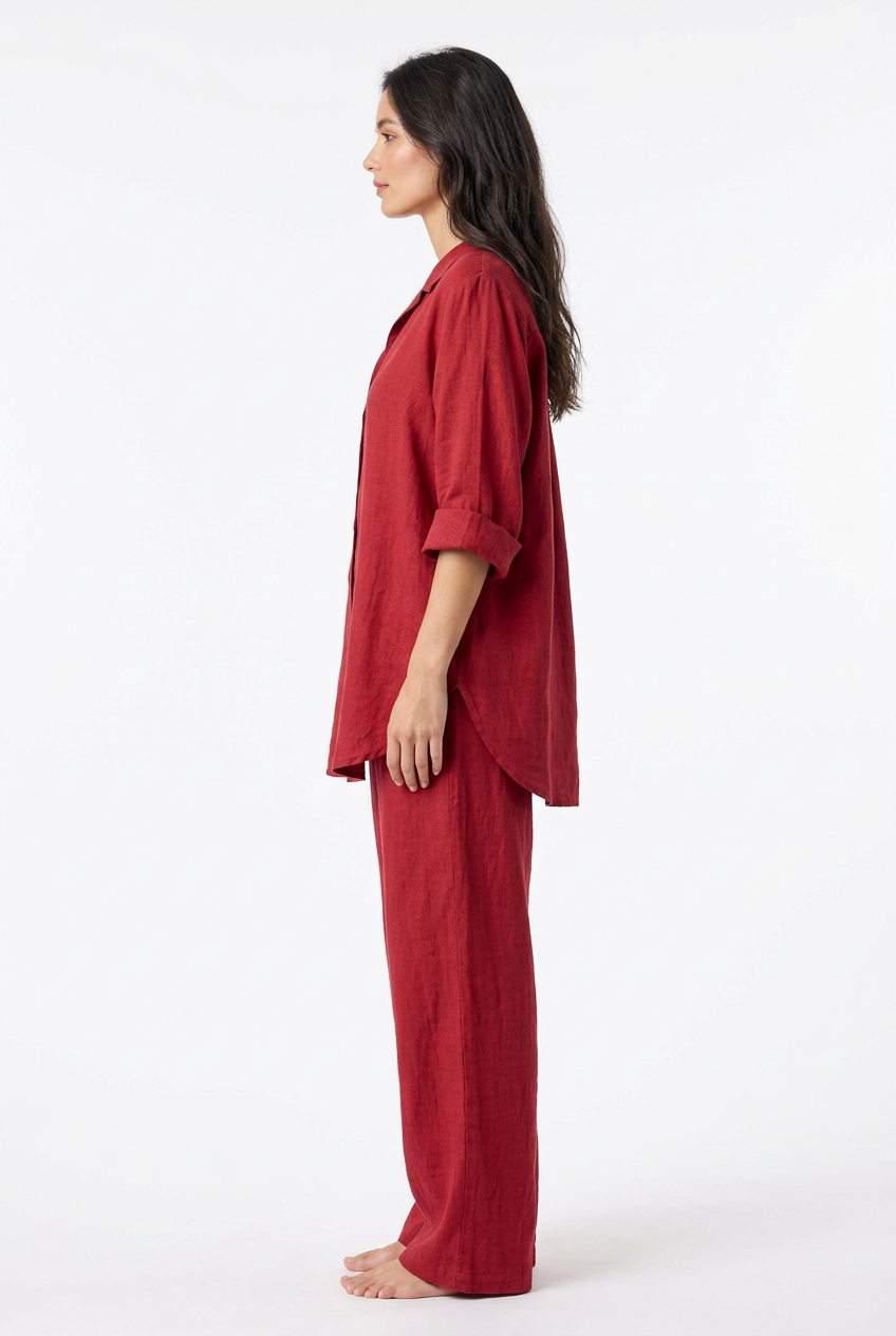 Red shirt and trouser set, left view