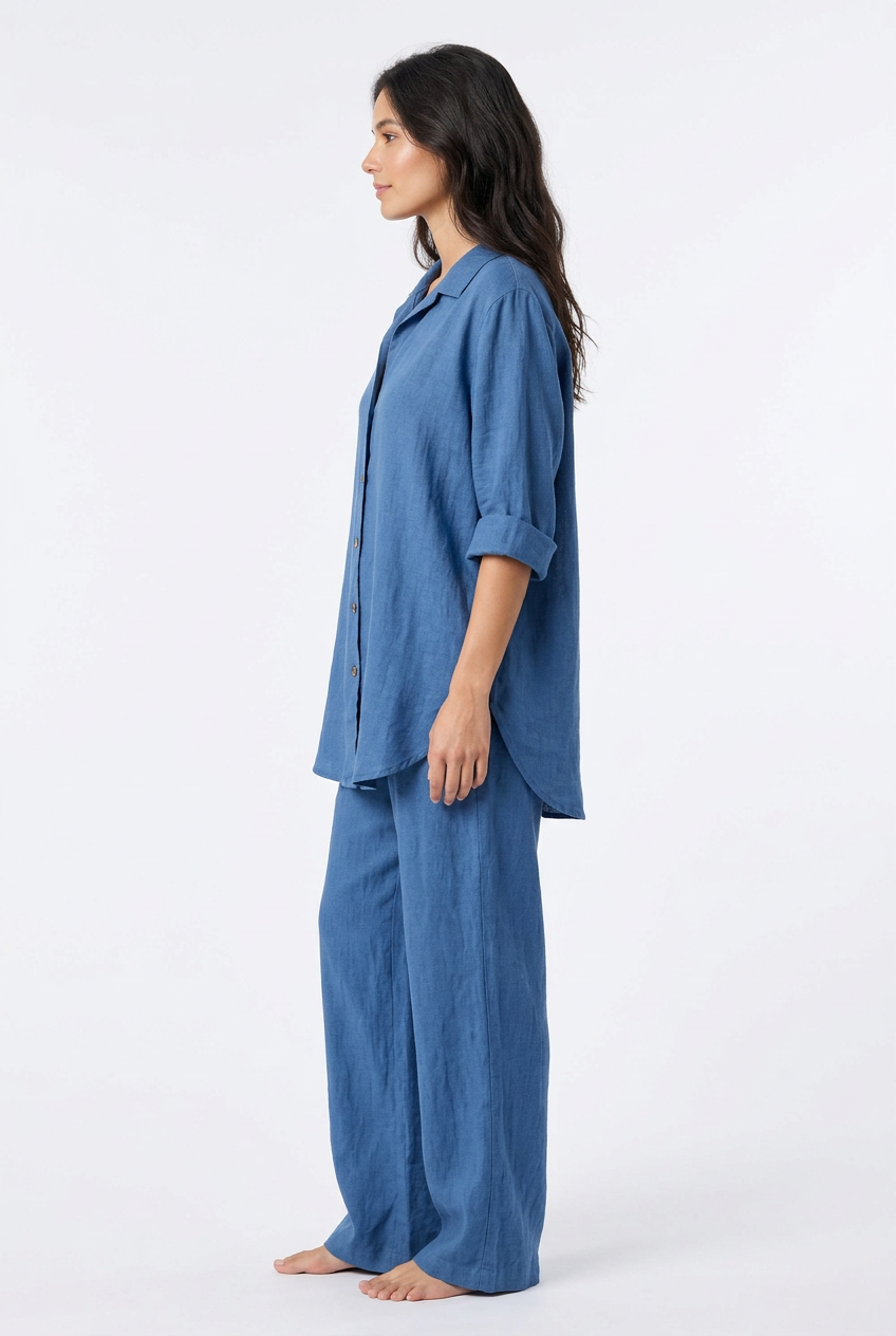 Blue shirt and trouser set, left view
