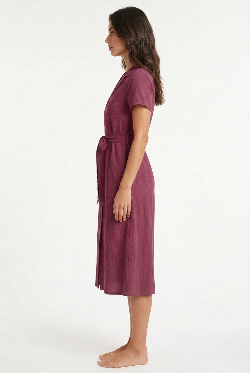 Purple belted midi dress, left view