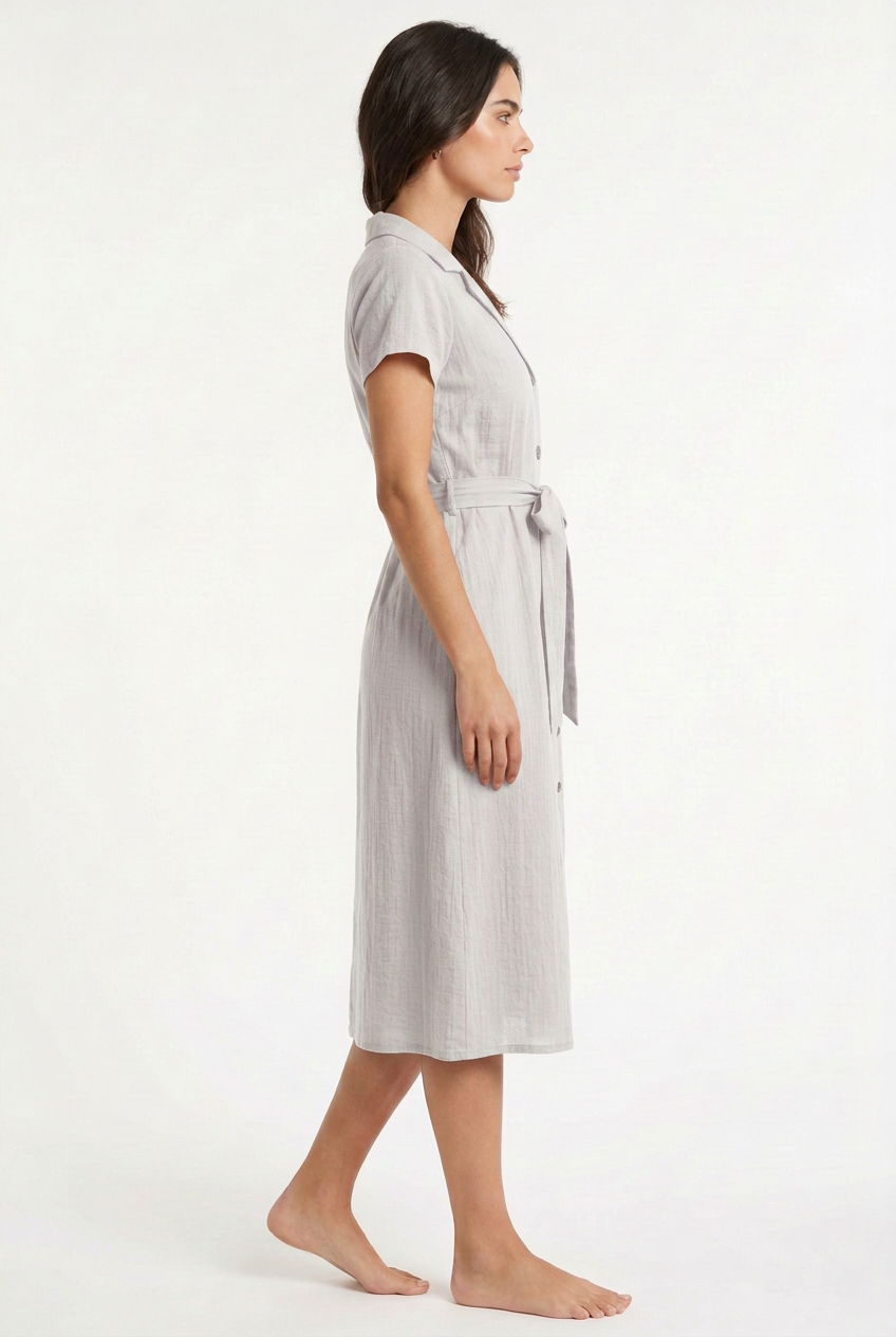 White-grey belted midi dress, right view