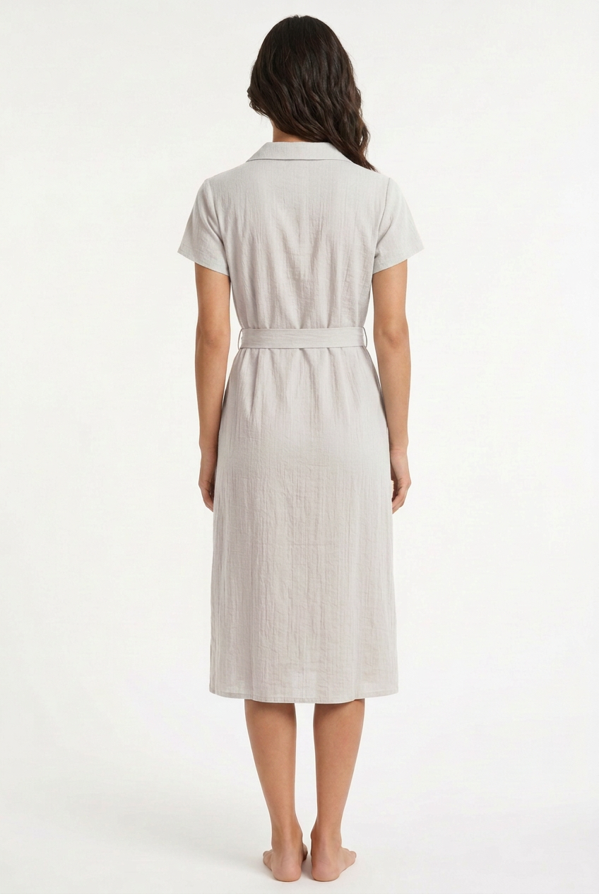 White-grey belted midi dress, back view