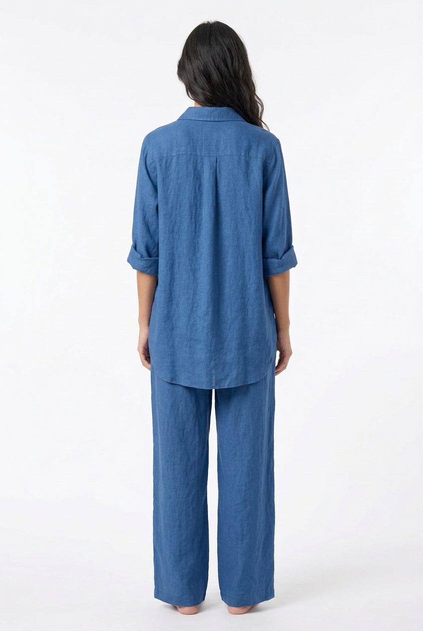 Blue shirt and trouser set, back view