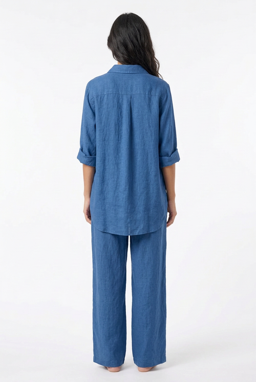 Blue shirt and trouser set, back view