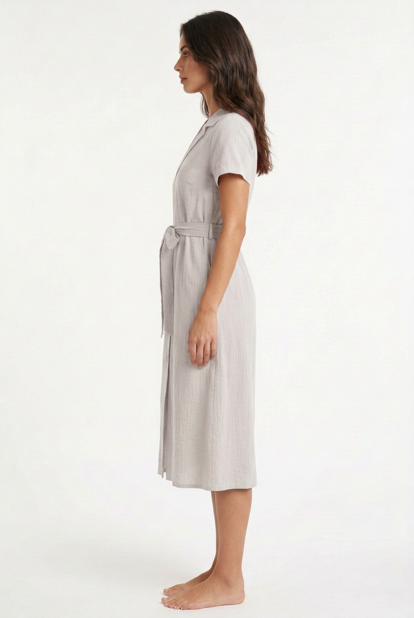 White-grey belted midi dress, left view