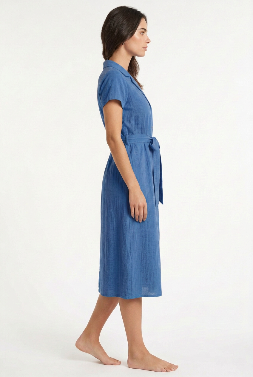 Blue belted midi dress, right view